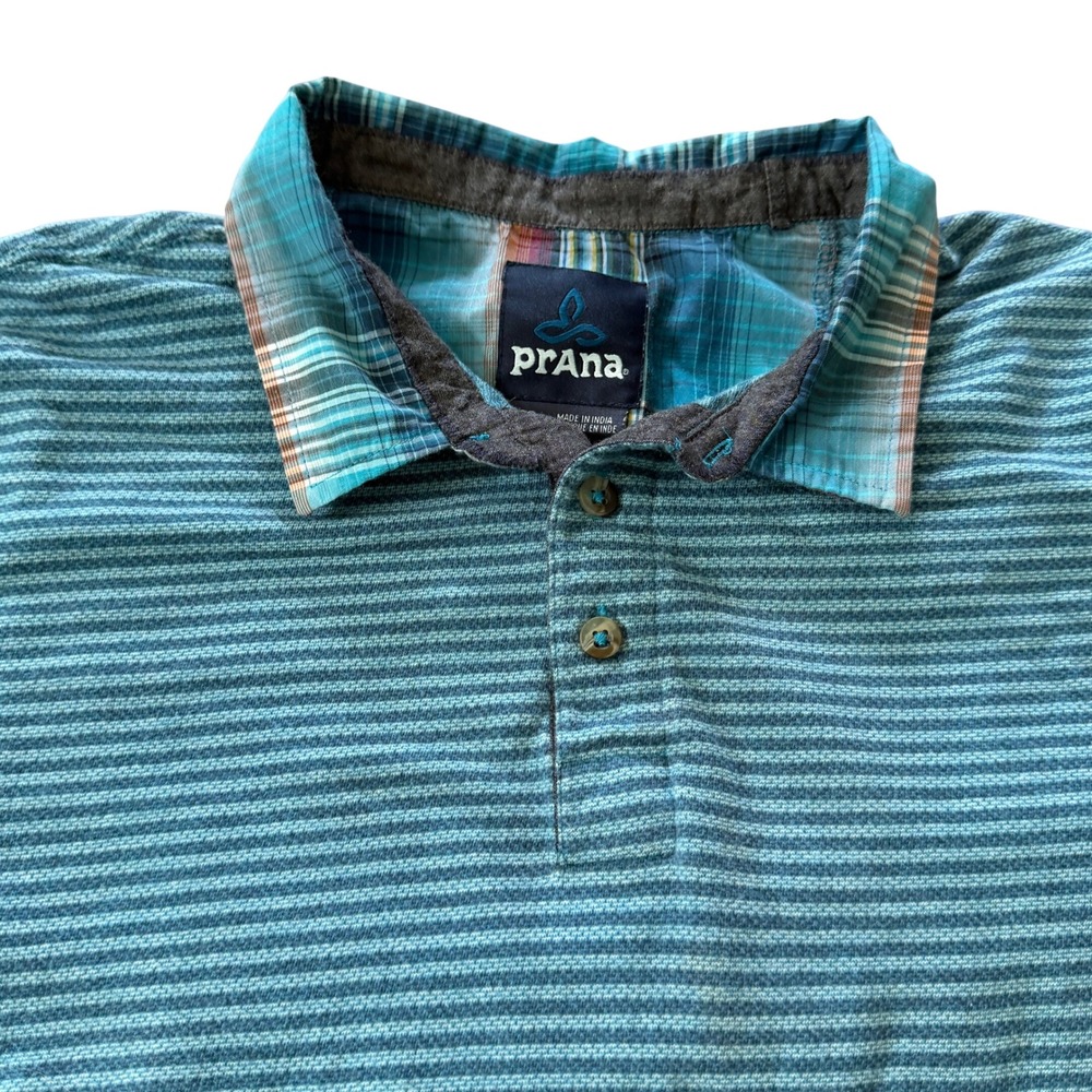 prAna Men's‎ Striped Polo Shirt Medium Teal Madras Collar Organic Outdoor
